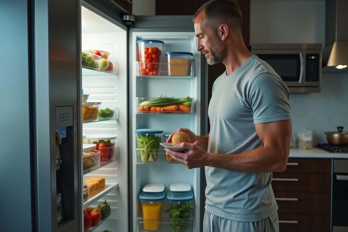 Homme debout devant un réfrigérateur bien rempli d'aliments sains évaluant ses choix alimentaires pour un régime équilibré en 2026