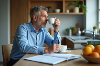 Homme d'âge moyen en tenue décontractée buvant une tisane dans la cuisine