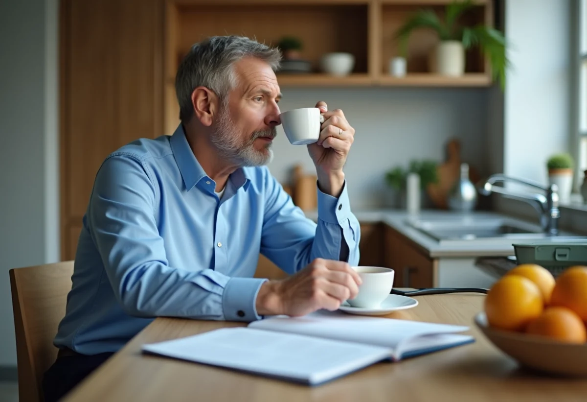 Homme d'âge moyen en tenue décontractée buvant une tisane dans la cuisine