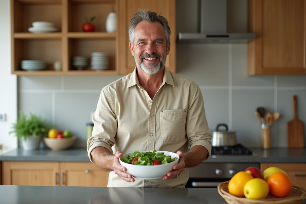 Homme souriant tenant une salade dans une cuisine chaleureuse