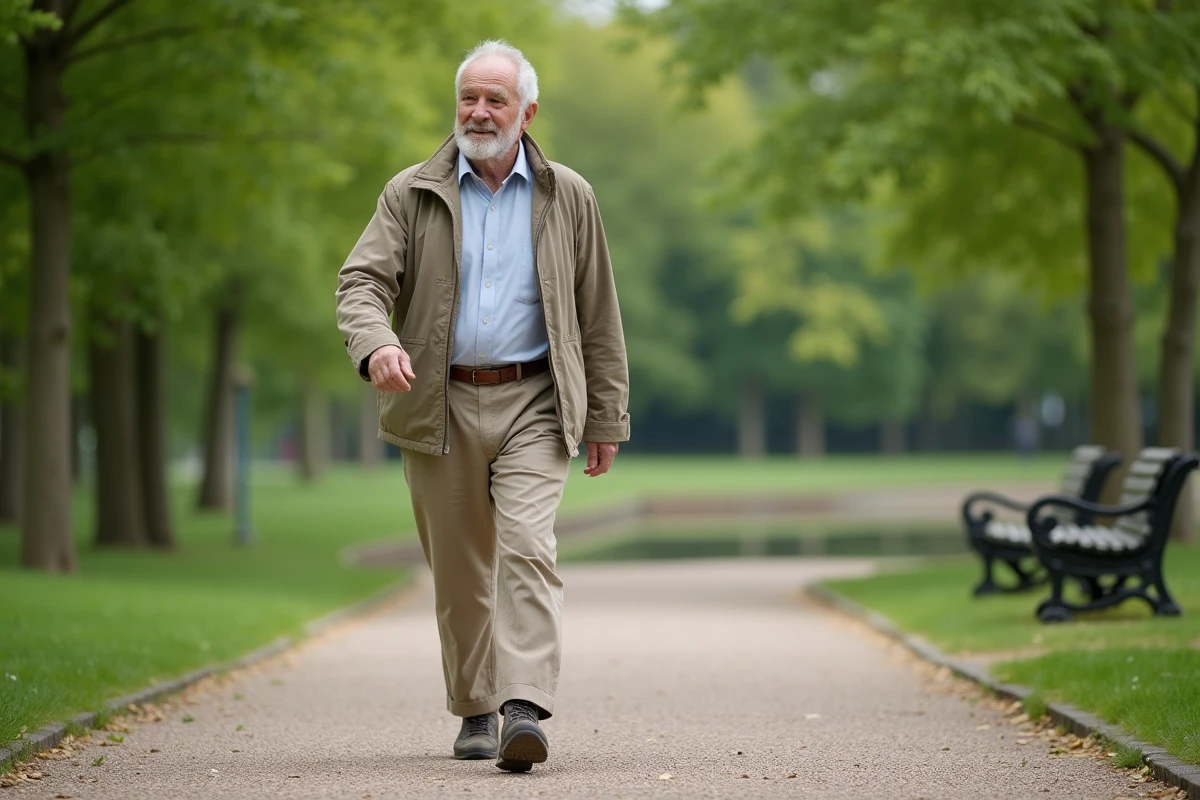 Homme senior marchant dans un parc verdoyant