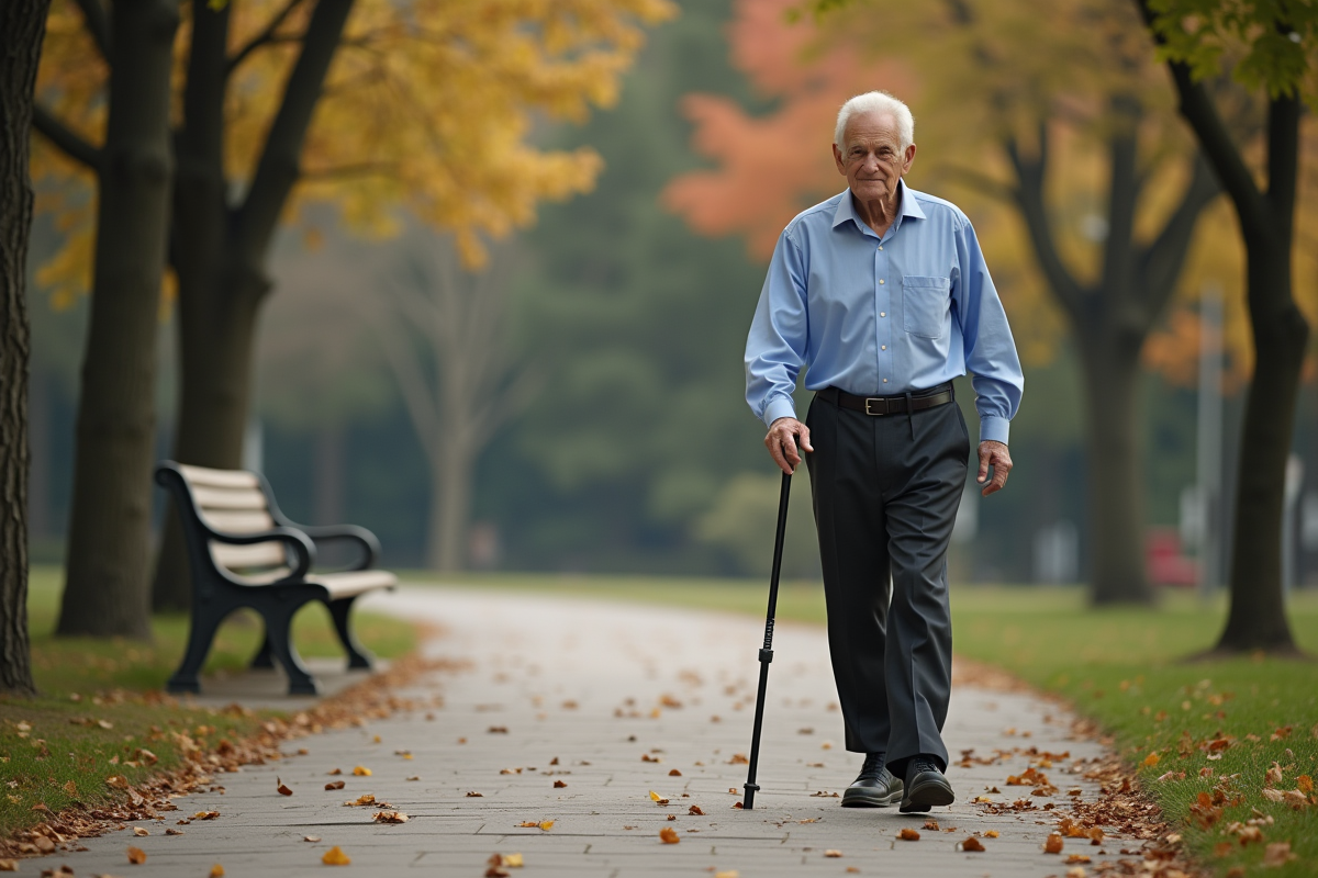 Homme âgé dans un parc en automne avec canne et chemin pavé