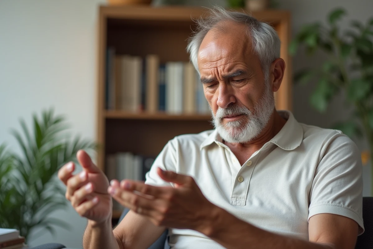 Homme âgé observant la peau de sa main en intérieur