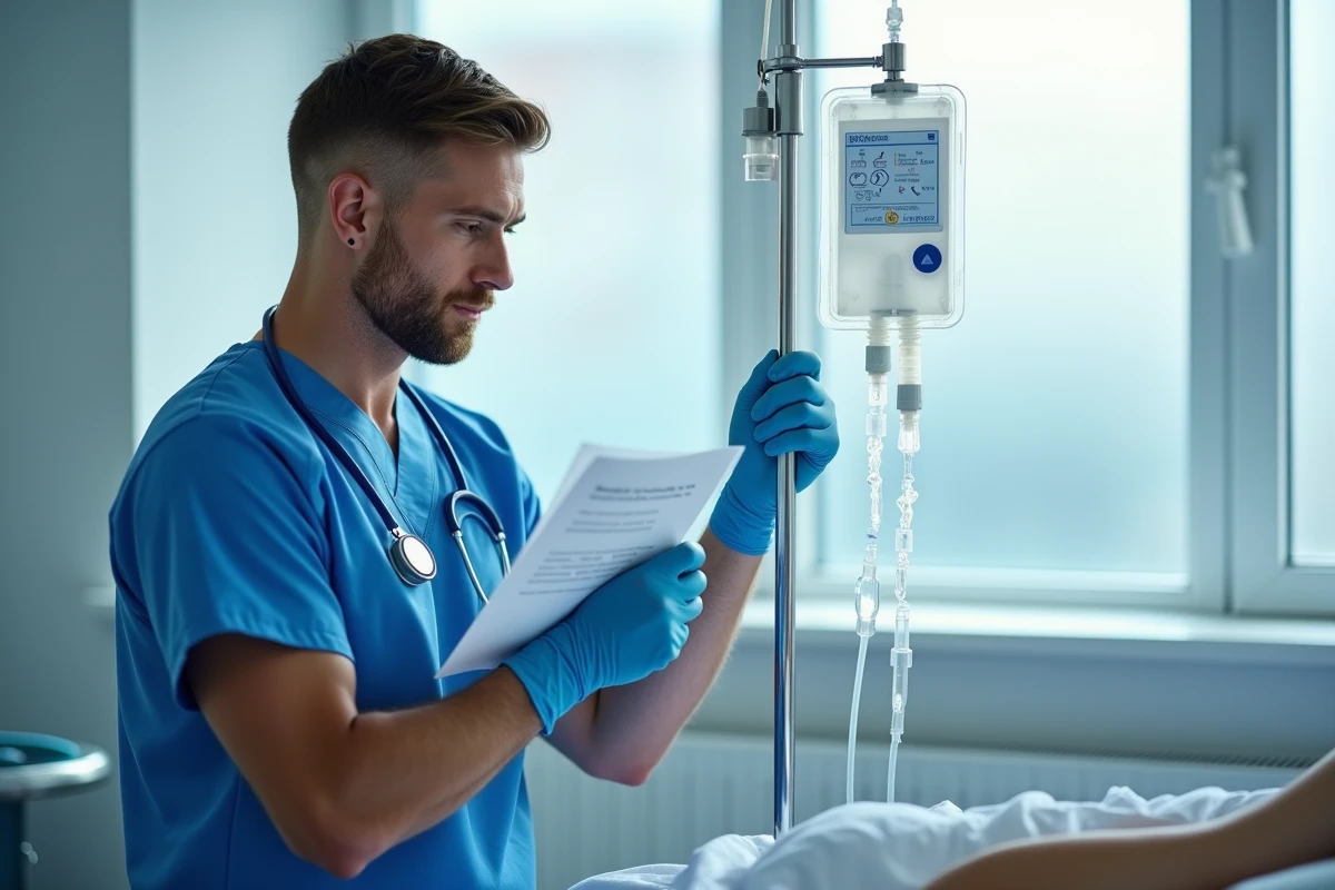 Infirmier vérifiant une perfusion intraveineuse de fer sur un patient dans une chambre hospitalière moderne
