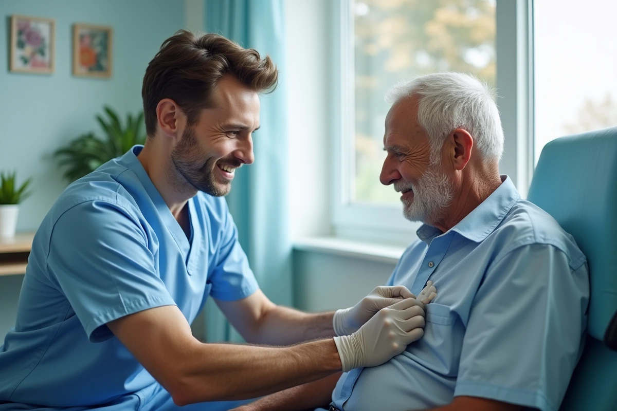 Infirmier préparant un port à cath sur un patient âgé