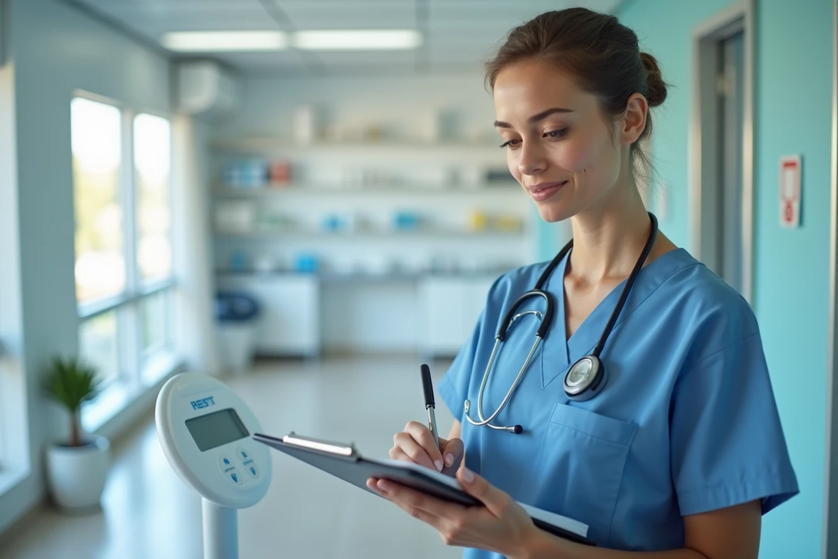 Infirmière jeune prenant des notes près d