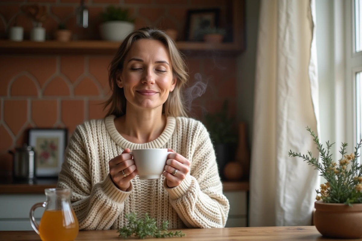 Femme tenant une tasse d'infusion au thym entre ses mains dans une cuisine rustique, soulageant rhume et gorge irritée