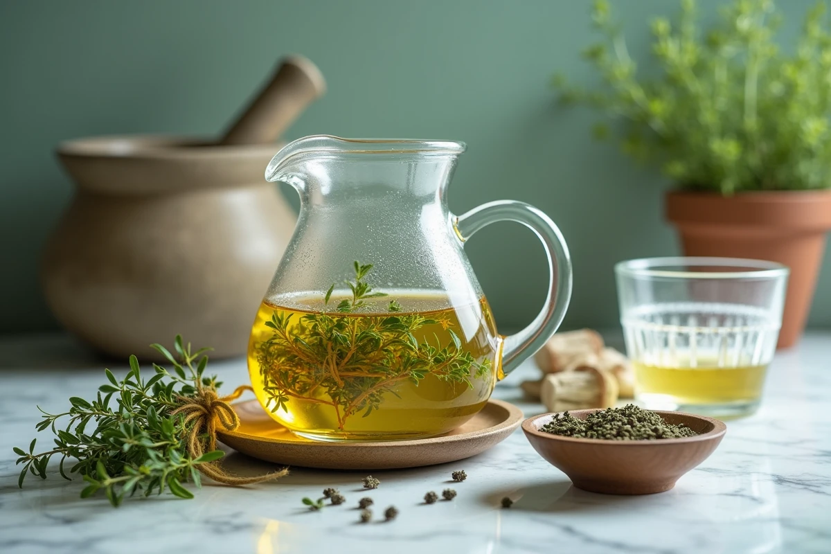 Gros plan d'une théière en verre remplie d'infusion de thym dorée entourée de brins de thym frais sur un comptoir en marbre