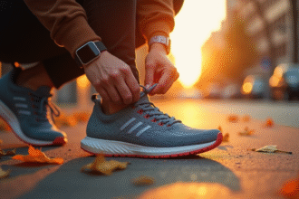 Jeune adulte nouant ses chaussures de course au lever du soleil