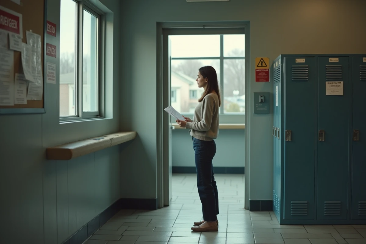 Jeune femme dans une salle de pause industrielle regardant par la fenêtre