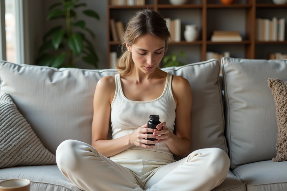 Jeune femme assise sur un canapé en lin examinant un flacon de compléments collagène Bears with Benefits, ambiance intérieure décontractée et authentique