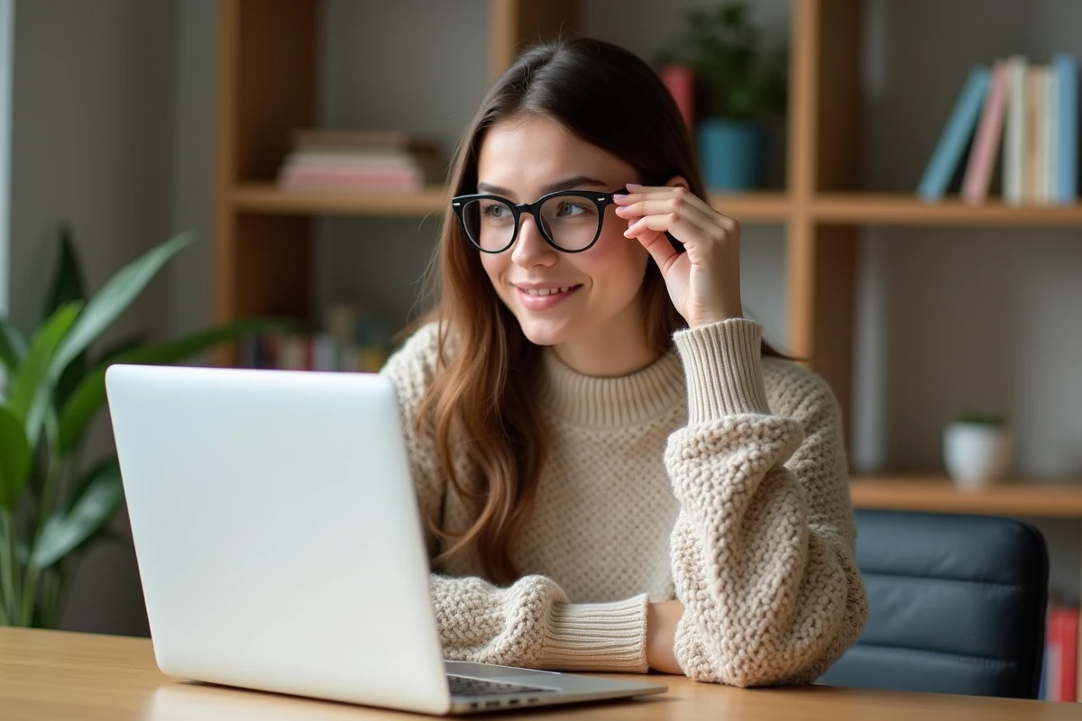 Jeune femme en sweater beige et lunettes studieuse au bureau