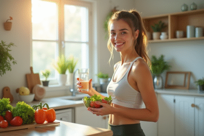 Jeune femme en sport avec salade dans une cuisine lumineuse