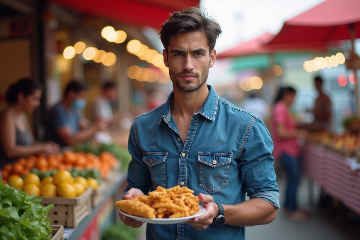 Jeune homme au marché avec nourriture de rue