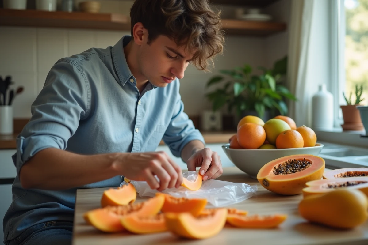 Jeune homme emballant des papayas pour congeler