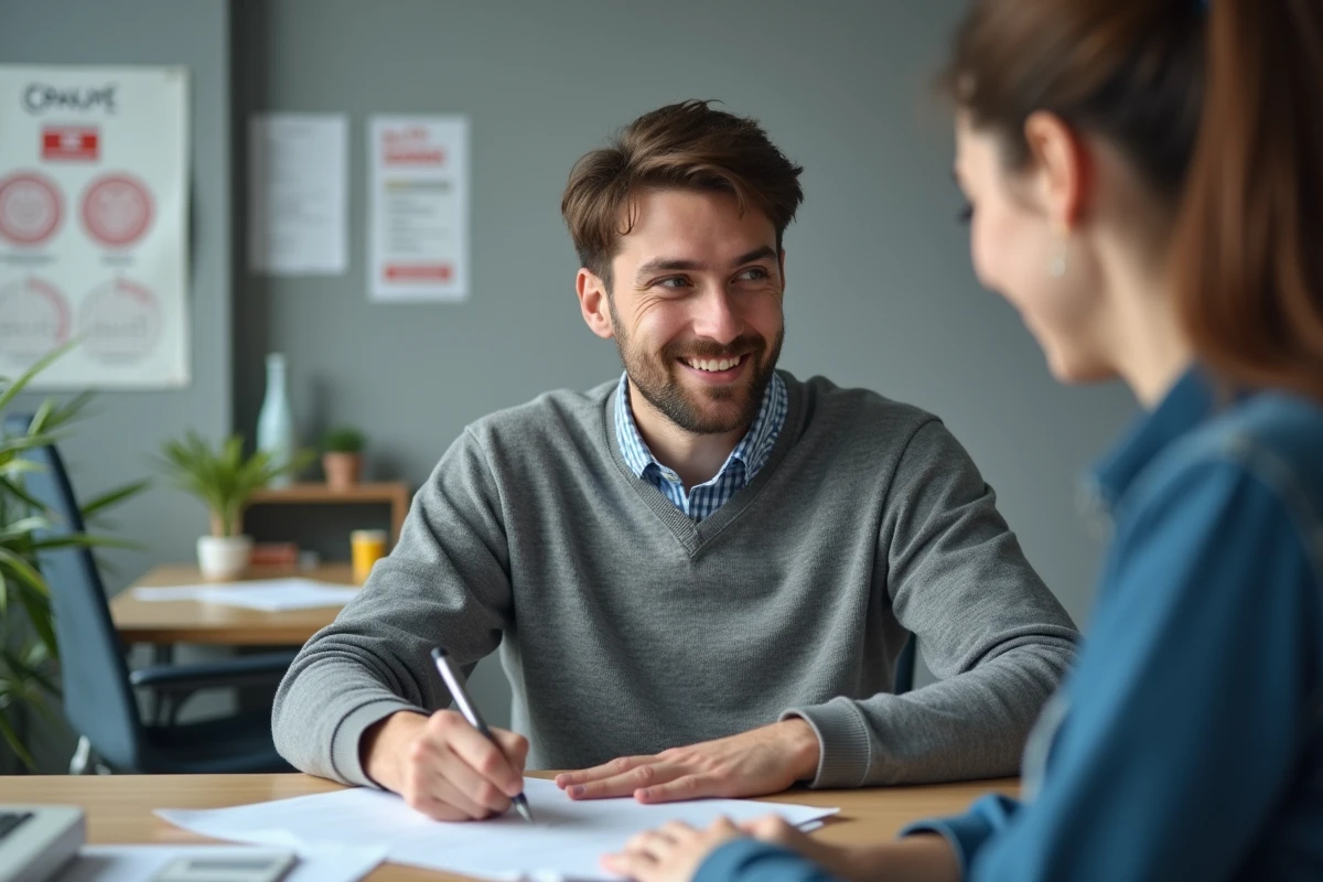 Jeune homme remplissant un formulaire dans un bureau CPAM