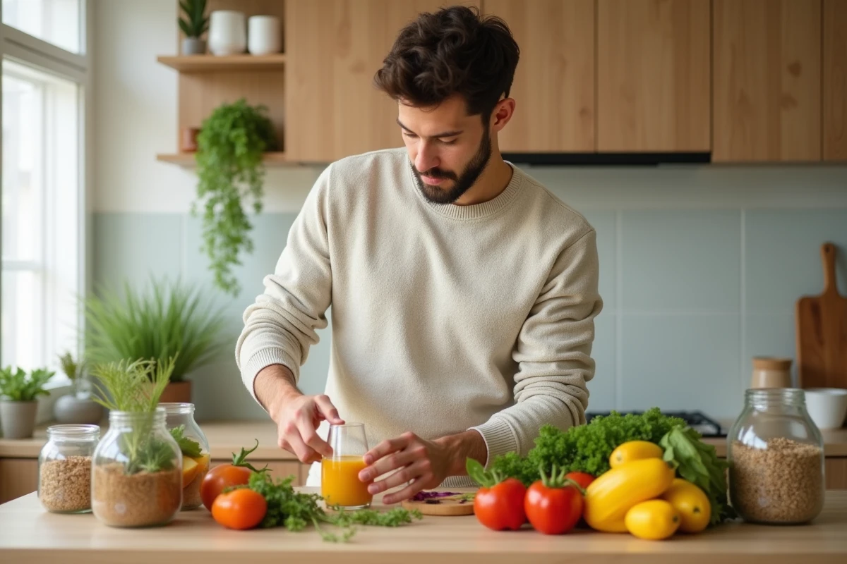 Jeune homme préparant un smoothie avec des légumes frais