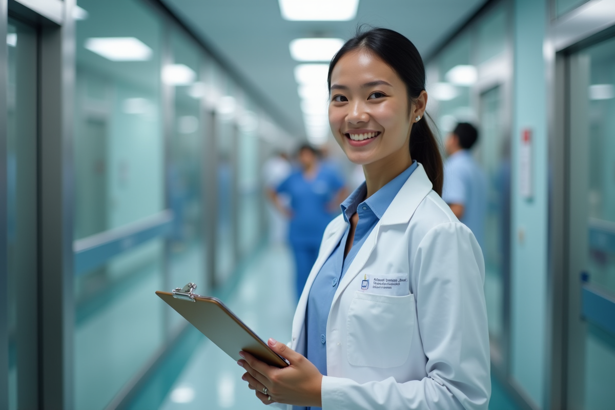Jeune medecin resident dans un couloir d