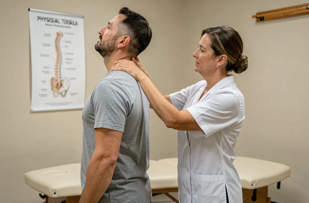 Kinésithérapeute examinant les vertèbres cervicales d'un patient souffrant de douleurs dans la nuque et la tête