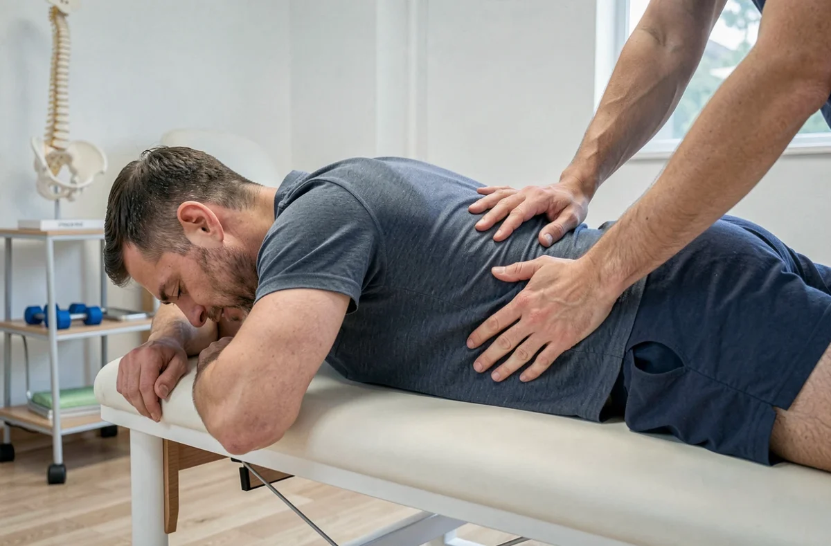 Séance de kinésithérapie pour douleur persistante au coccyx, thérapeute examinant la région lombaire basse d'un patient