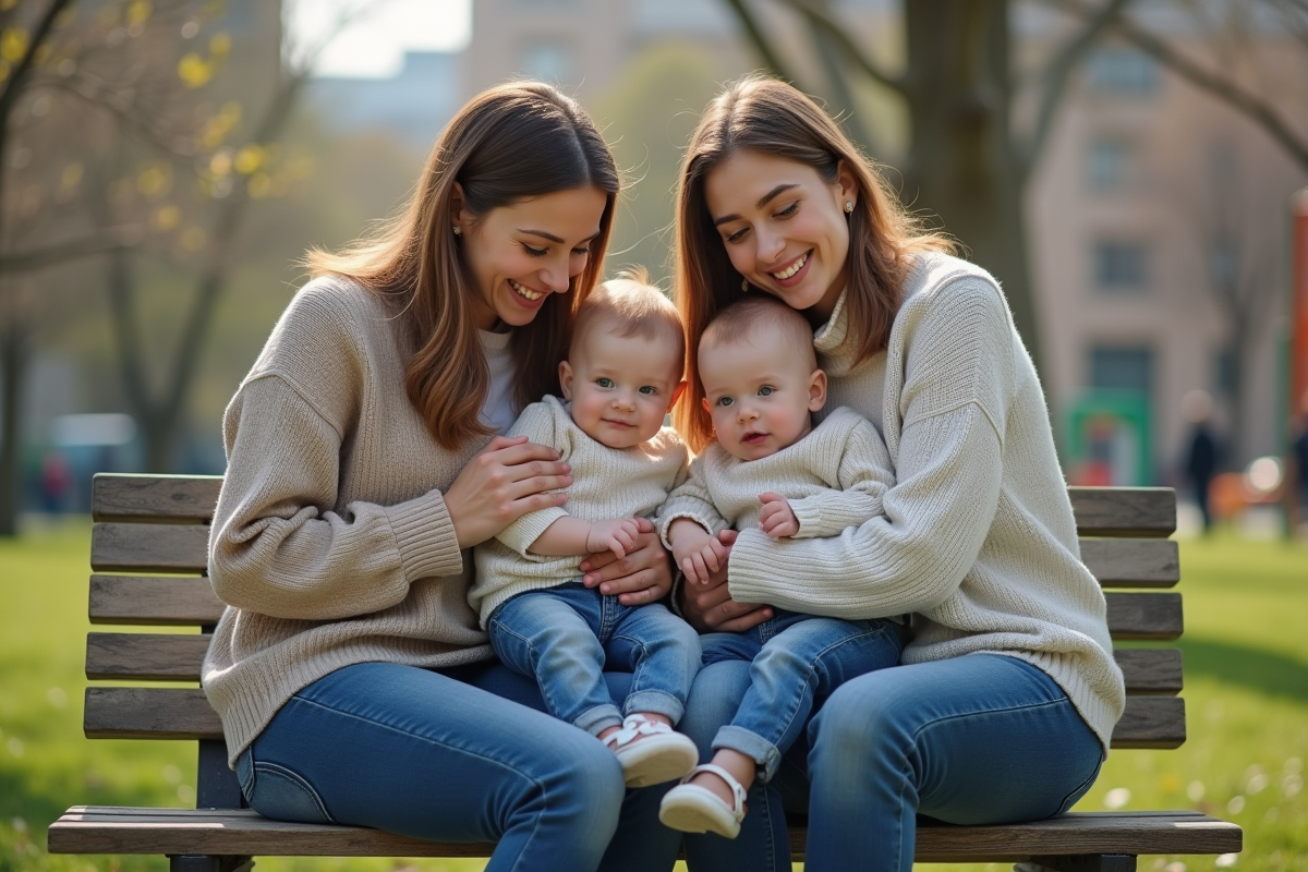 Maman avec jumeaux bébés et oncle dans un parc
