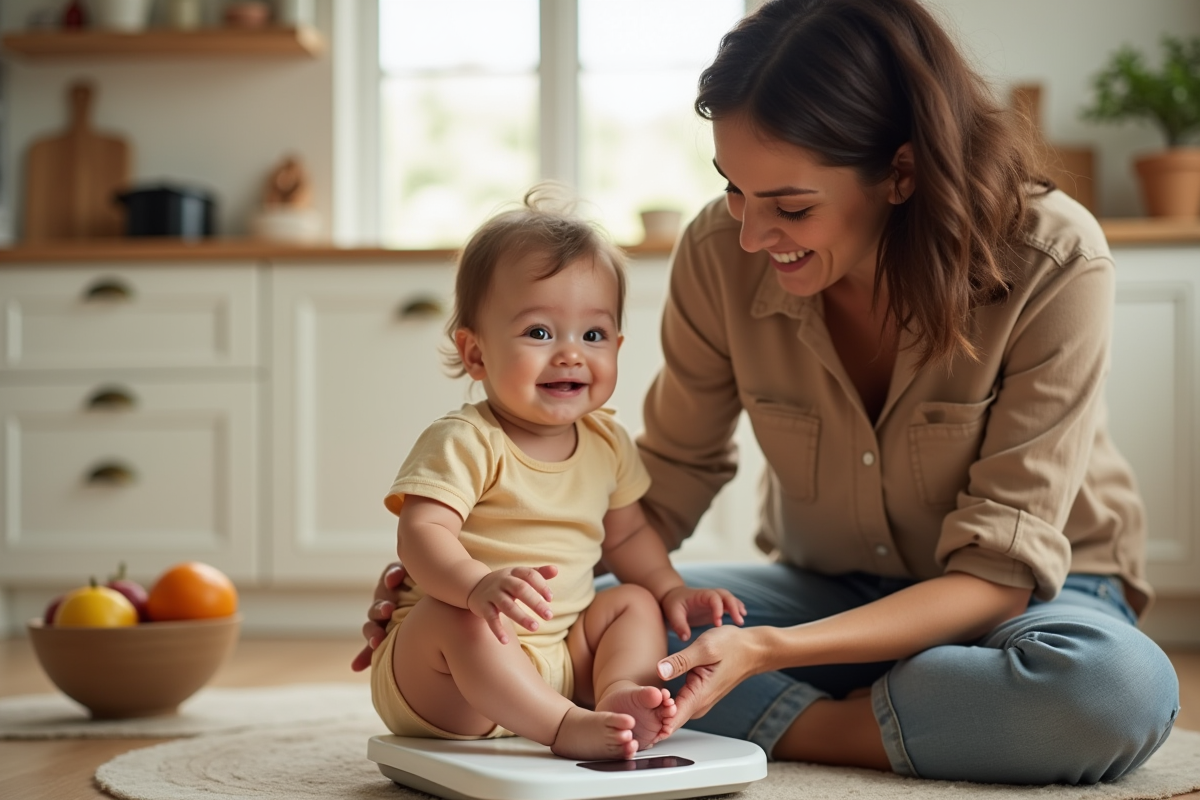 Maman pèse sa fille de huit mois sur une balance dans la cuisine