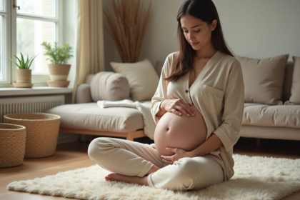 Jeune maman se massant le ventre avec huile naturelle