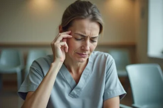 Femme souffrant de maux de tête dans une salle d'attente d'hôpital après un examen IRM