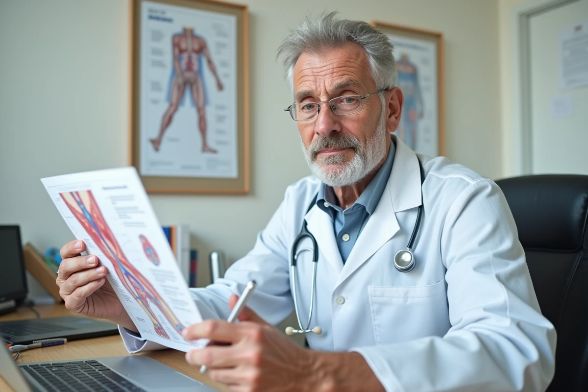 Médecin expliquant l'anatomie des artères des jambes avec un schéma médical pour illustrer les risques d'AVC et d'infarctus