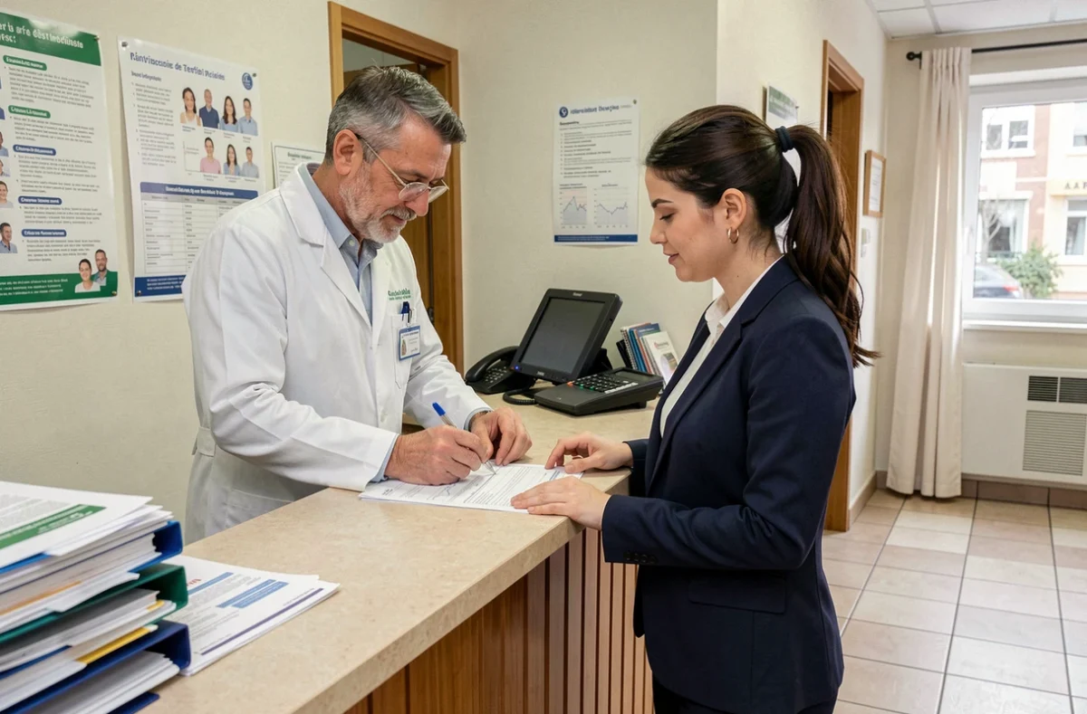 Médecin généraliste et assistante administrative traitant des formulaires de remboursement santé à l'accueil d'un cabinet médical