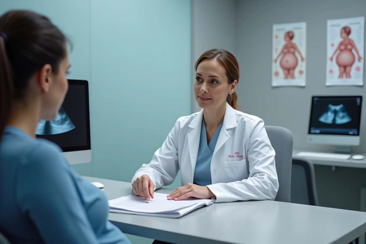 Médecin obstétricienne expliquant le calcul du terme de grossesse à une patiente en consultation