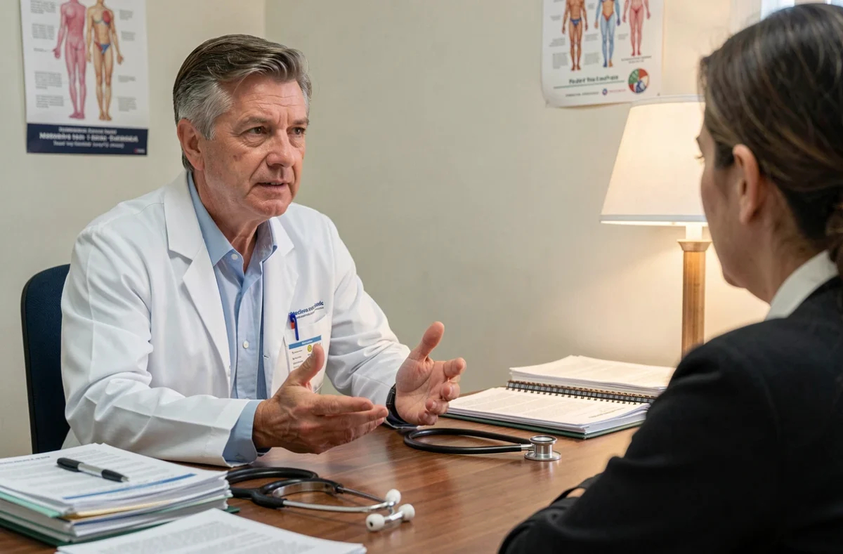 Médecin généraliste expliquant les risques des antibiotiques et anti-inflammatoires à un patient lors d'une consultation médicale