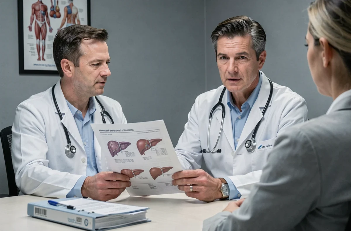 Médecin en consultation montrant un bilan hépatique à un patient, illustration des symptômes liés aux selles blanches et au foie