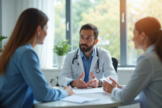 Medecin familial sérieux expliquant en douceur en cabinet lumineux