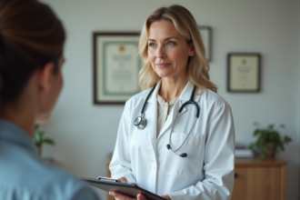 Médecin femme en consultation avec un patient dans un cabinet moderne