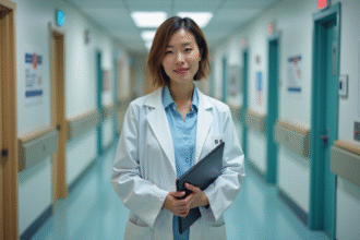 Femme medecin en blouse blanche dans un hopital moderne