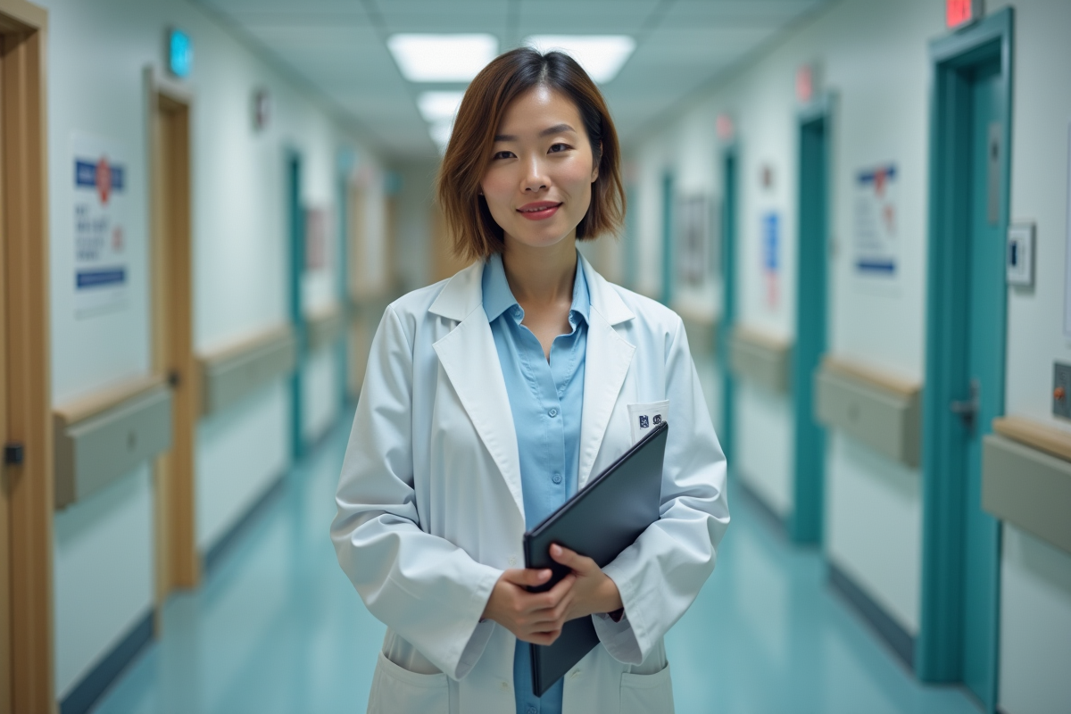 Femme medecin en blouse blanche dans un hopital moderne