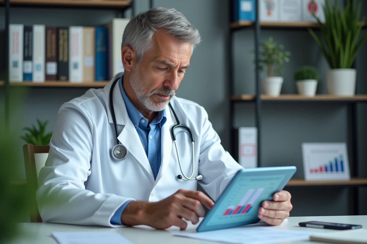 Médecin homme en blanc examinant un graphique sur tablette