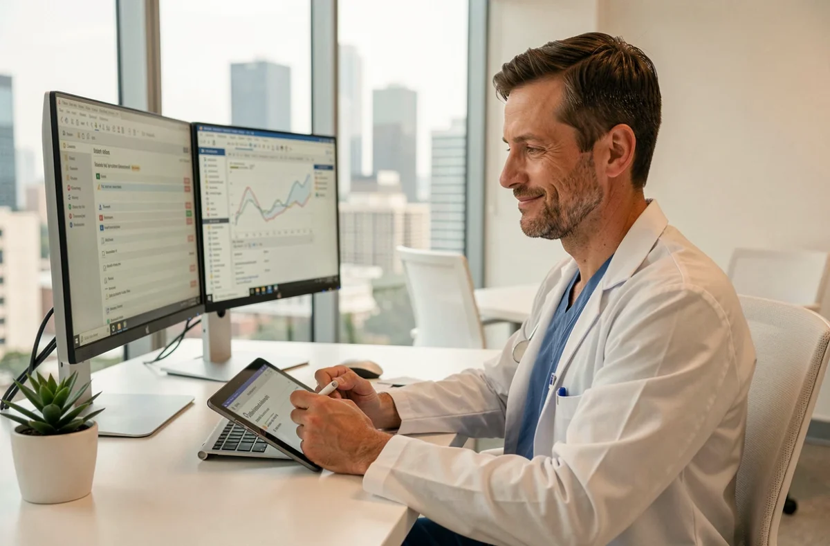 Médecin consultant des dossiers médicaux électroniques sur double écran dans un cabinet médical contemporain, symbolisant l'adoption des outils numériques en santé