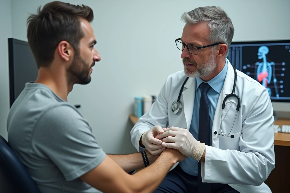 Médecin palpant les ganglions axillaires d'un patient pour diagnostiquer une boule sous l'aisselle