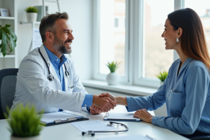 Médecin souriant serrant la main d'un patient dans un cabinet moderne