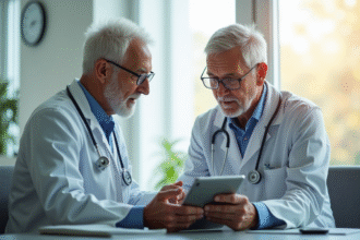 Medecin parlant a un patient dans un cabinet lumineux