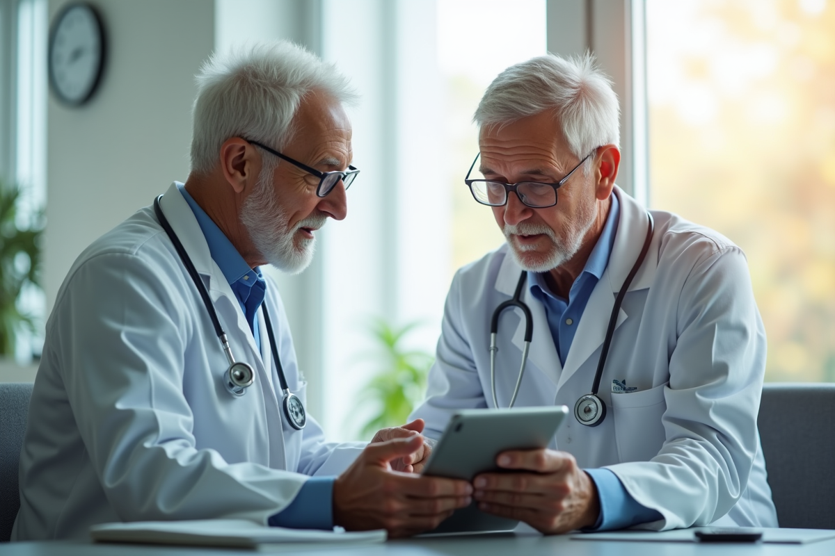 Medecin parlant a un patient dans un cabinet lumineux