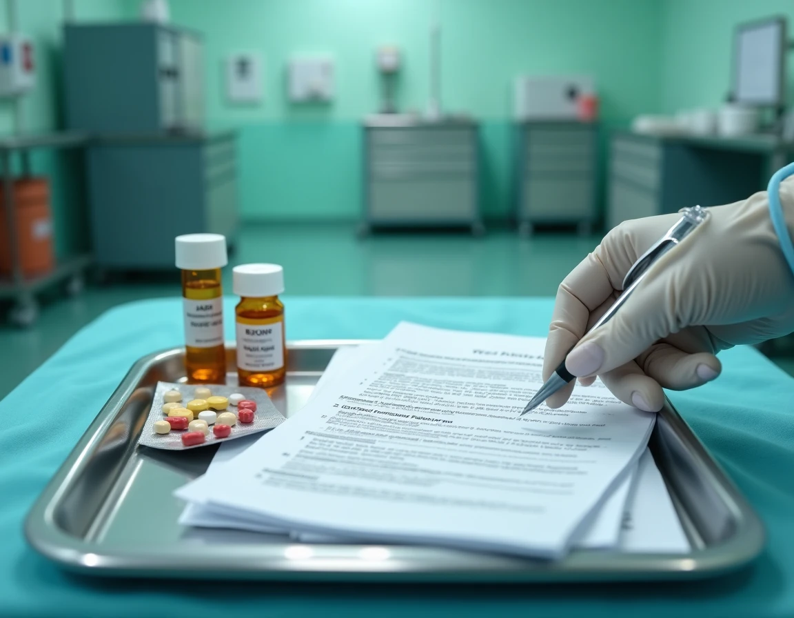 Médicaments et documents médicaux disposés sur un plateau chirurgical avant une anesthésie générale