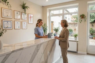 Réception d'une clinique de chirurgie esthétique en Moselle avec une patiente accueillie par une professionnelle de santé