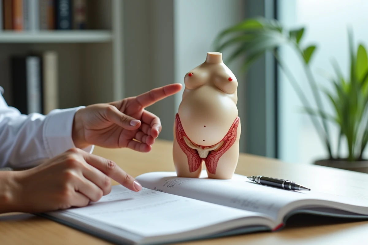 Modèle anatomique du col de l'utérus utilisé par une sage-femme pour expliquer la dilatation cervicale