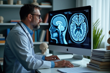 Neurologue examinant une IRM du cerveau en consultation