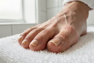 Gros plan sur des ongles de pieds épais et jaunis posés sur une serviette blanche, montrant une hyperkératose unguéale naturelle