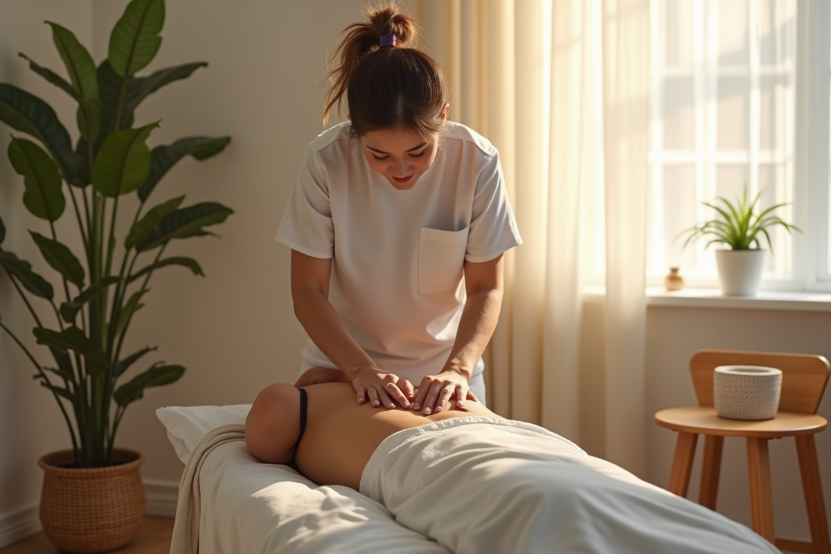 Osteopathe réalisant un bilan dorsal dans une salle chaleureuse