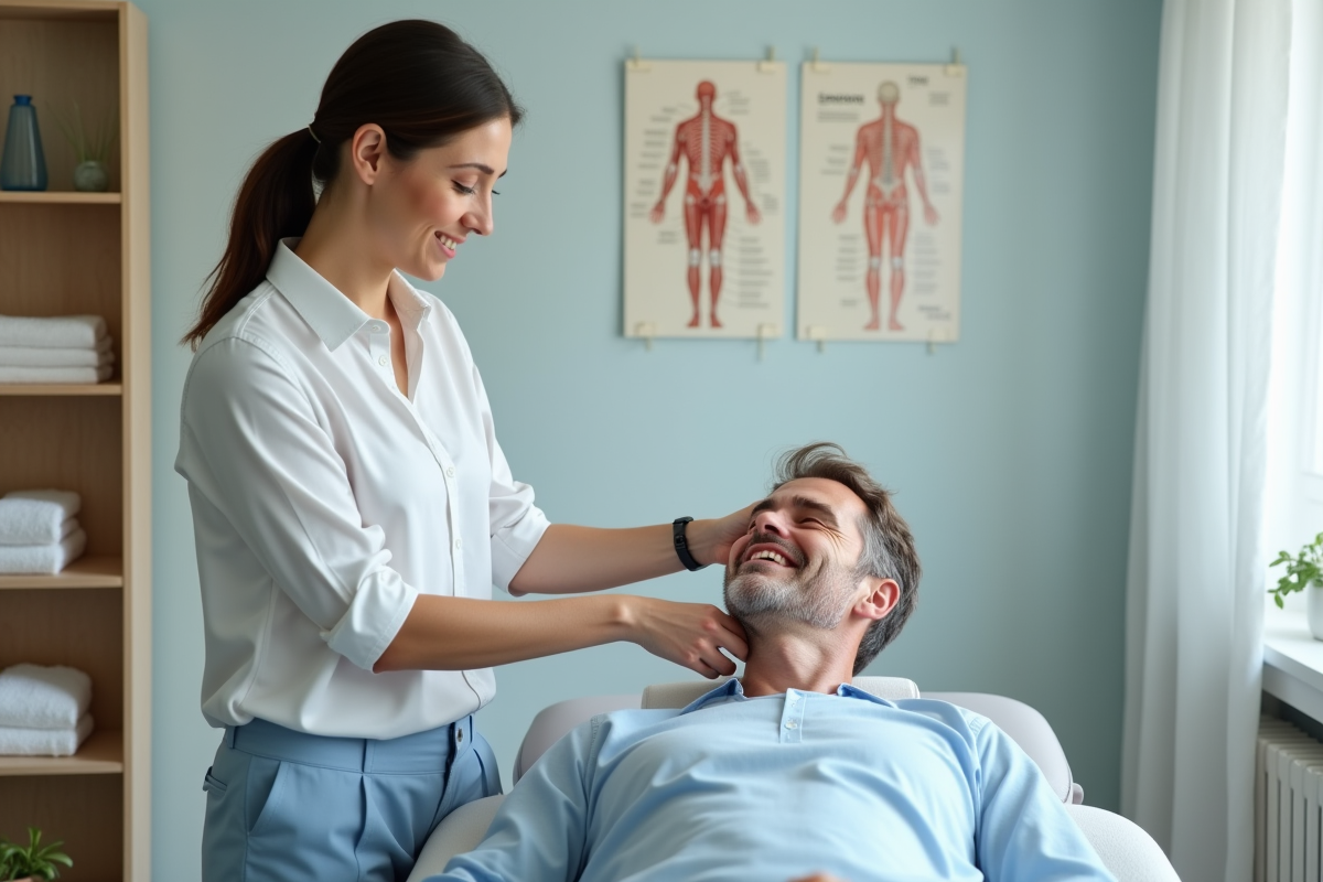 Osteopathe femme examinant le cou d'un patient